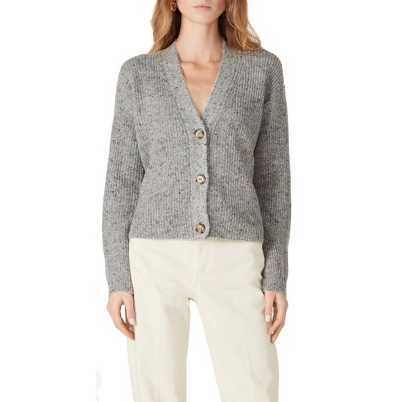 BB Dakota L Speckle Agent Cardigan Sweater Wool Blend Knit 3 Button V- Neck Gray - Picture 1 of 11